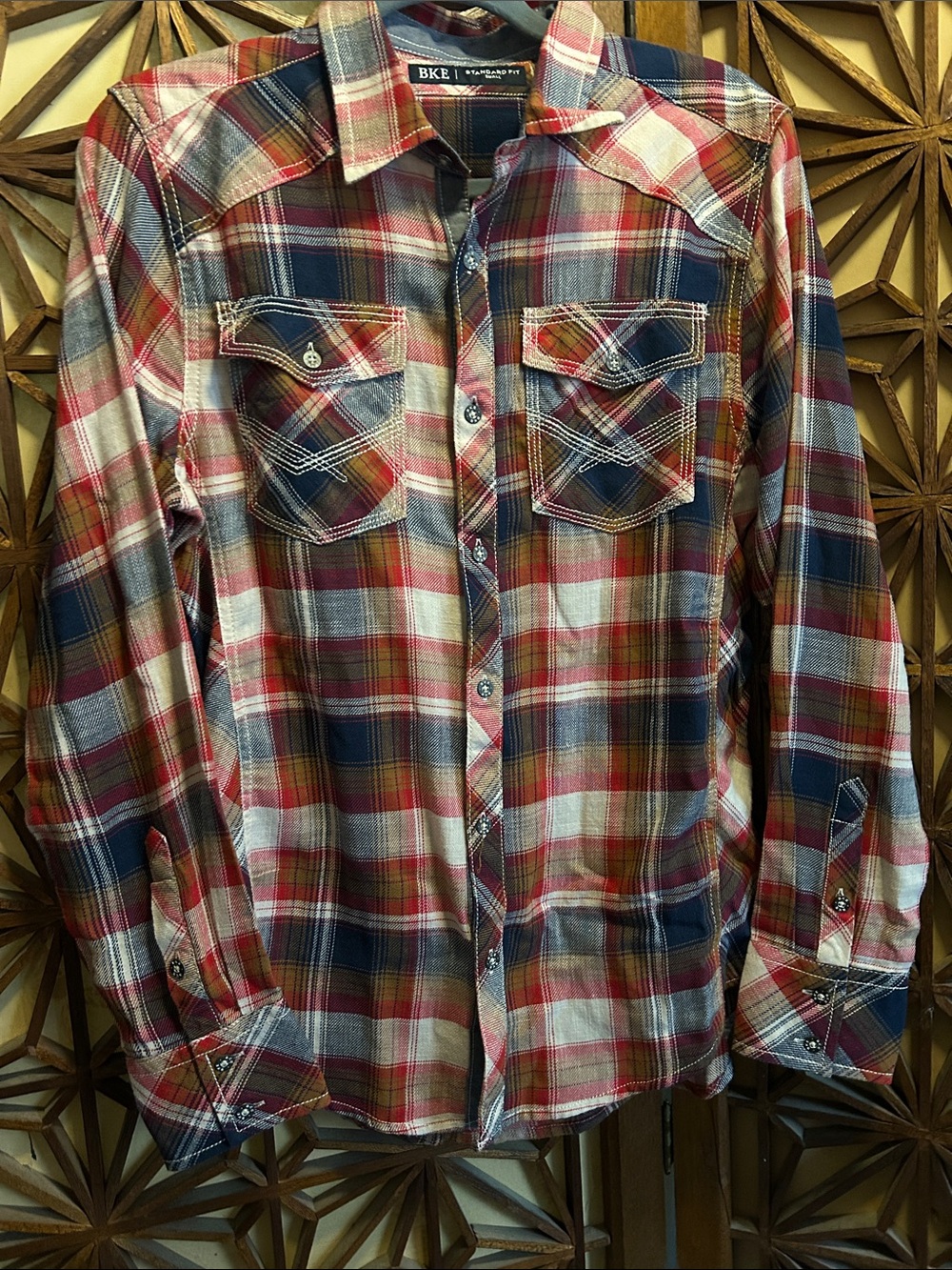 BKE Men’s Red, Blue & Cream Plaid Button-Down Western Shirt standard fit small